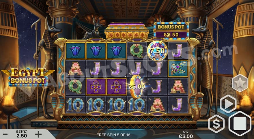 Free Spins bonus game with a current bonus pot of 62.5, shown above the reels.