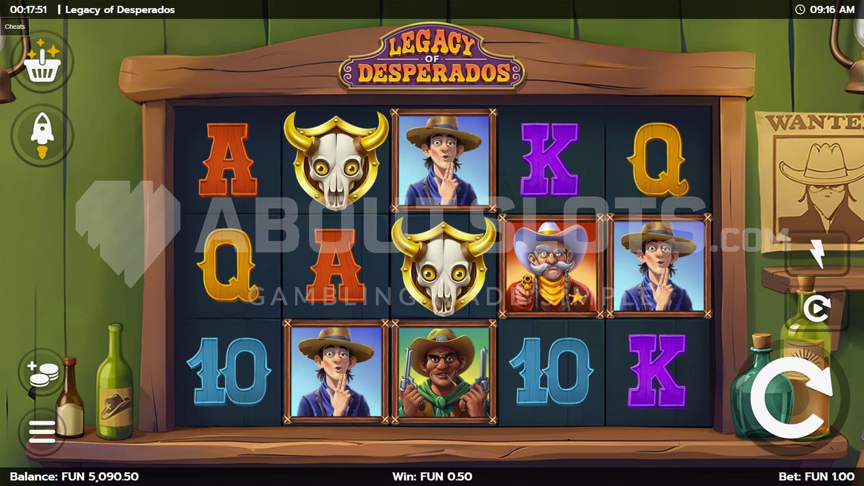 Base Game view of a 5x3 grid on a backdrop of a Wild West saloon.