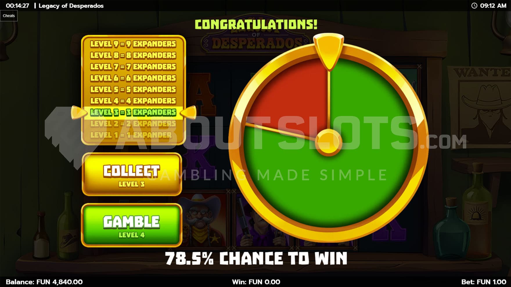 Gamble feature in progress, allowing to gamble for a higher number of expanders during free spins.