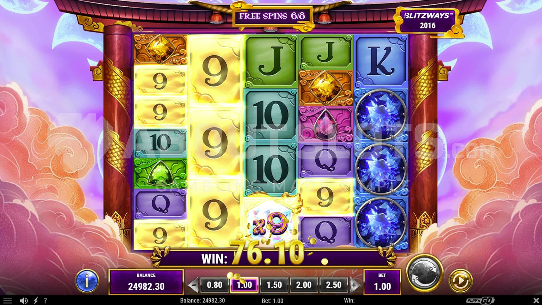 Free Spins bonus in progress showing a 4-of-a-kind win with an x9 Wild Multiplier.