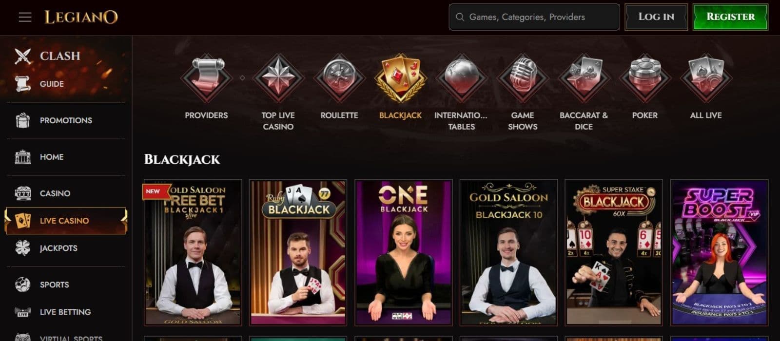 Legiano Casino's live games section, showing variations of blackjack.