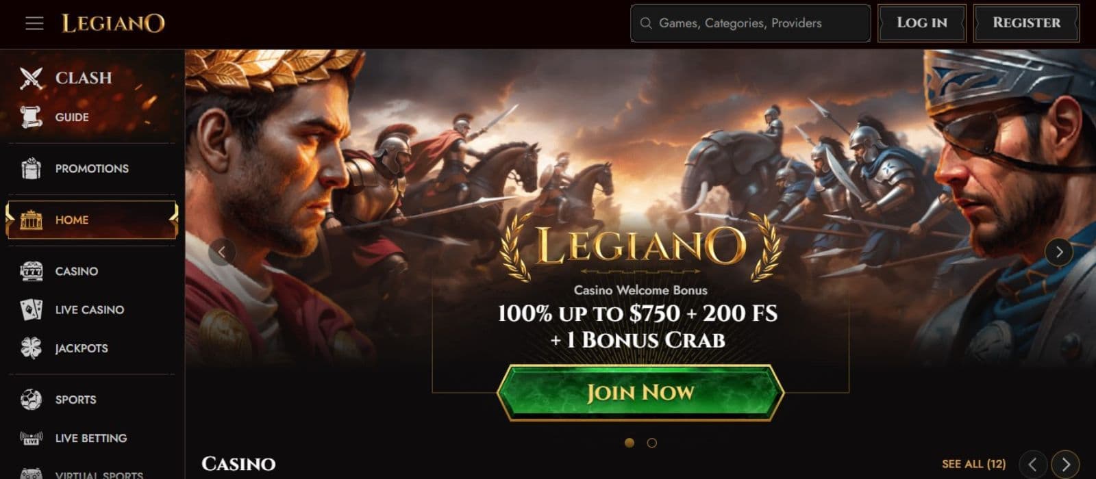 Legiano Casino's homepage, showing game avatars, the welcome bonus, and a sidebar menu.