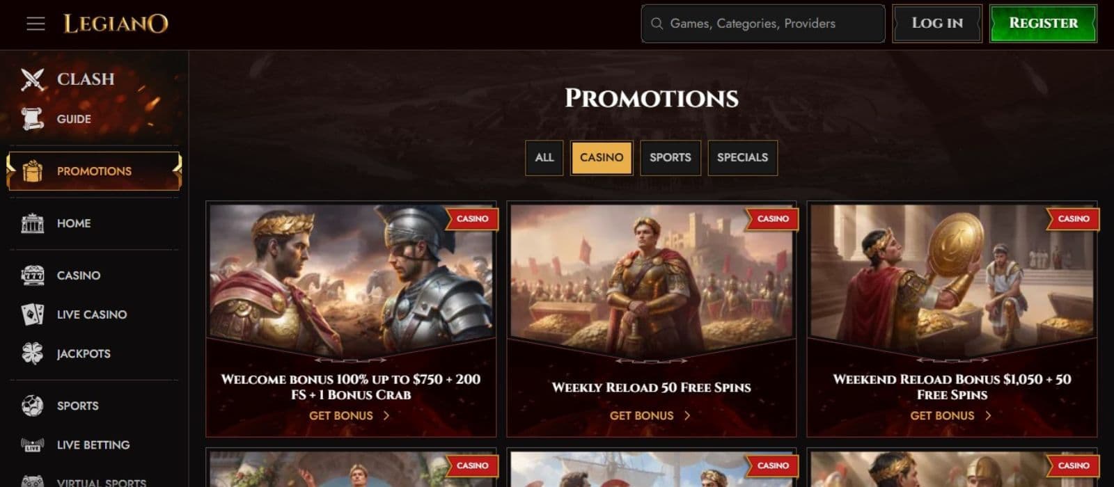 Legiano Casino's promotions page, showing the welcome bonus and other exciting promotions.