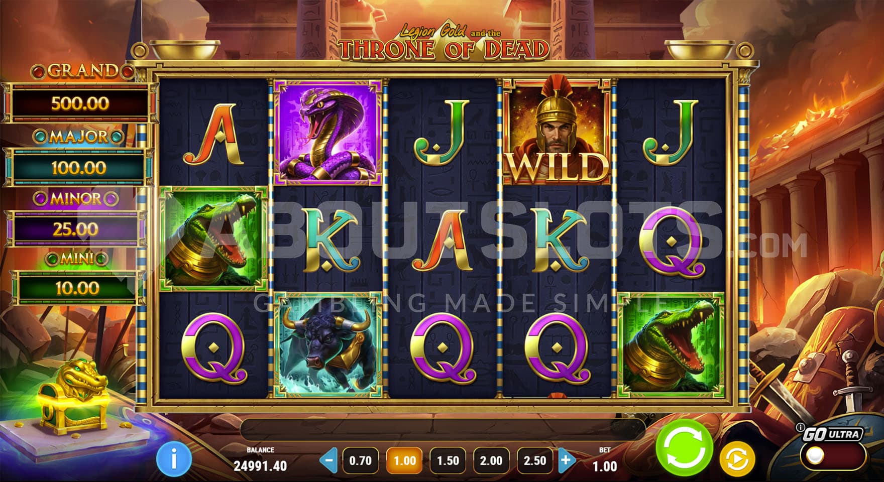 Base Game view of a 5x3 grid on a backdrop of a ruined palace with shields and swords lying between the rubble.