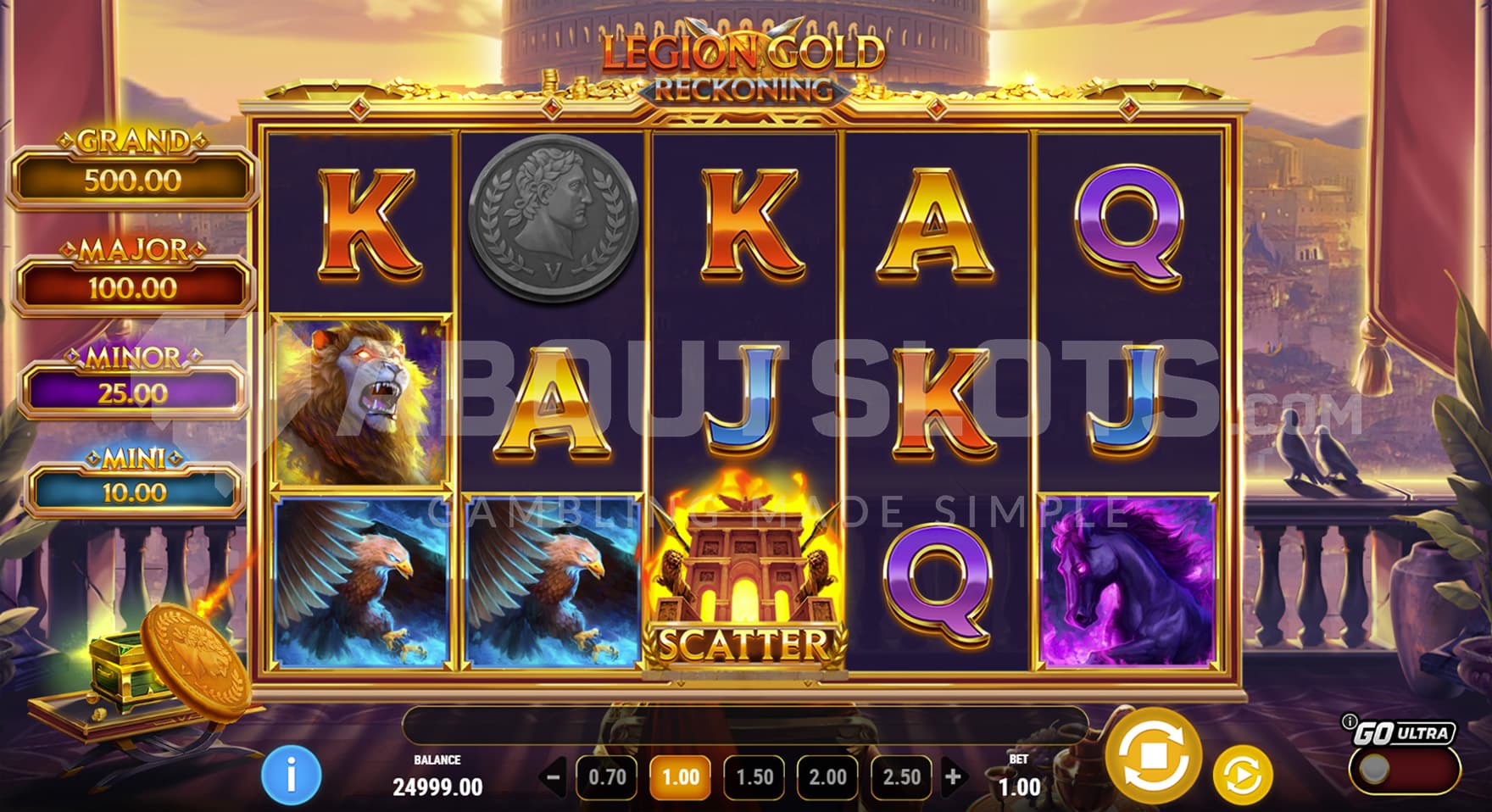 Base game view of a 5x3 grid on a backdrop of a burning city of Rome.