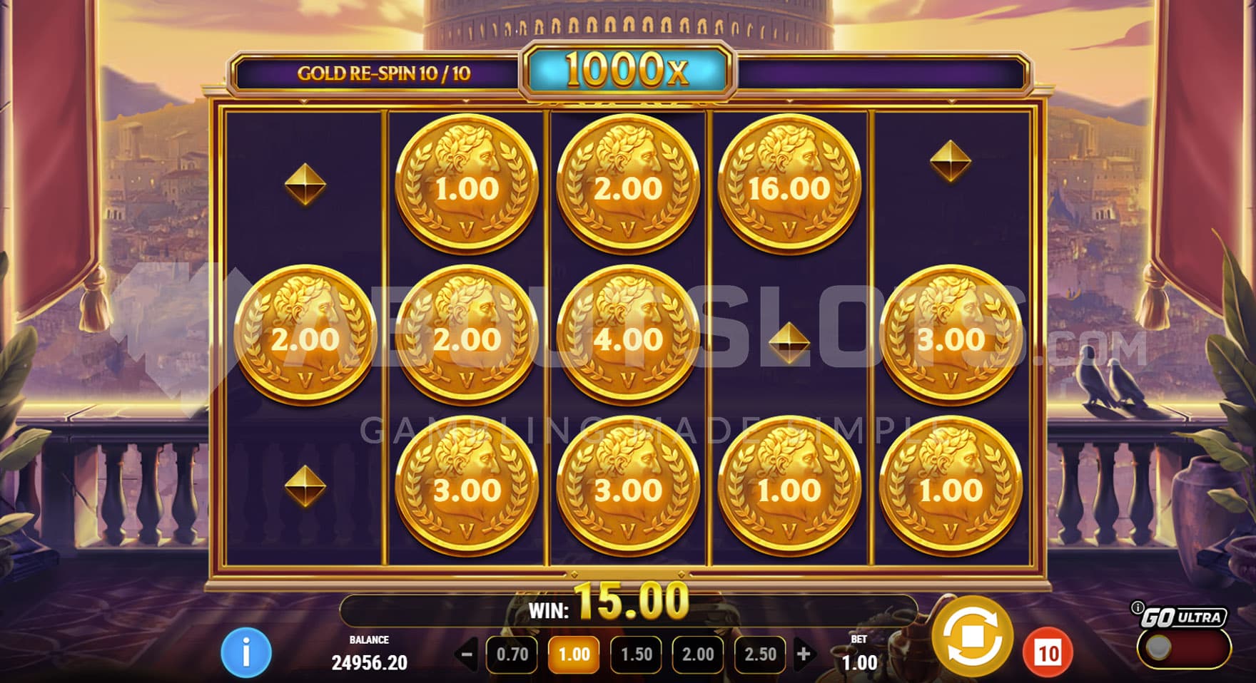 Gold Re-Spins bonus in progress, showing multiple positions on the grid occupied by Coins with cash prizes.
