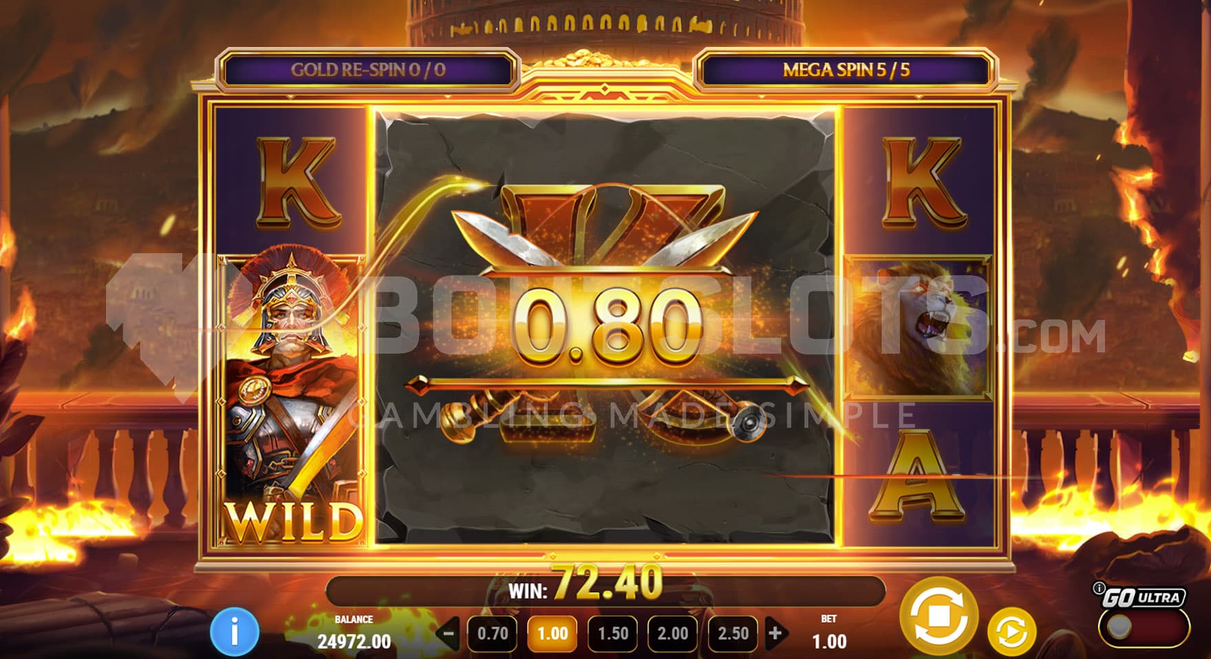 Mega Spins bonus in progress, showing a colossal 3x3 symbol on the three middle reels.