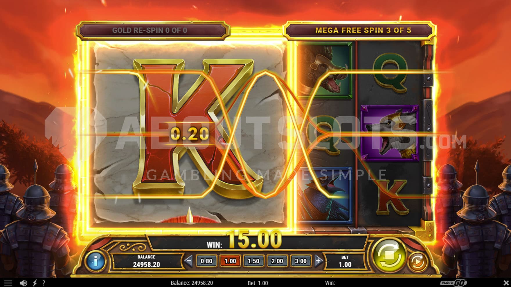 Free Spins bonus in progress, showing a win with a colossal 3x3 K symbol.