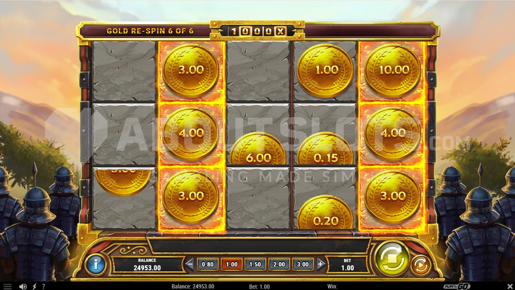 Gold Re-Spins bonus in progress with multiple Gold Coins carrying cash prizes on the reels.