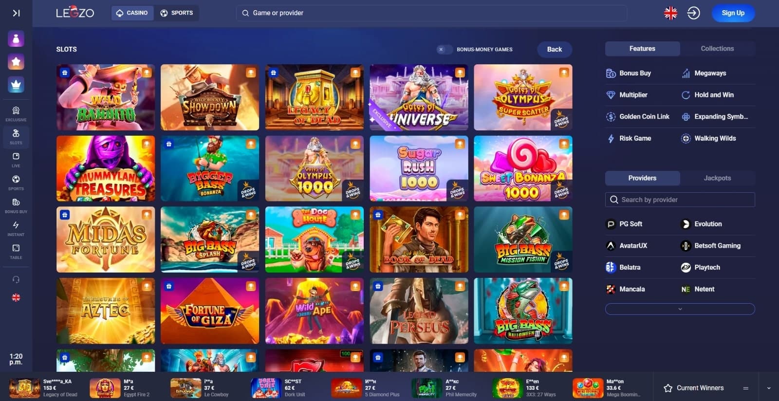 Legzo Casino's games page featuring slot game icons for Mummyland Treasures, Book of Dead and others, with provider name filters, game categories and left side navigational panel