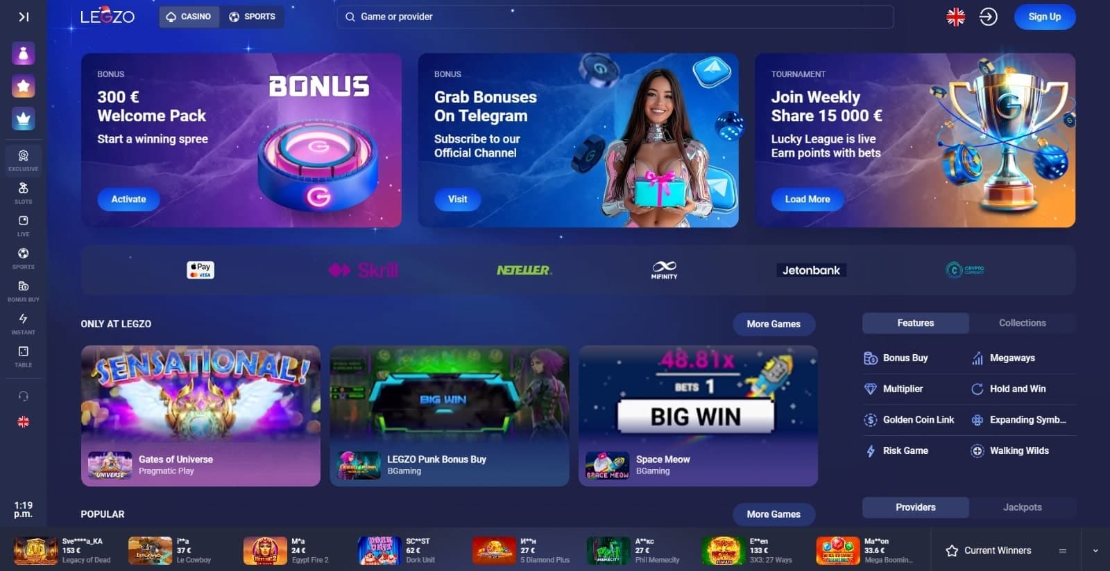 Legzo Casino's landing page featuring the bonus selection banner, payment option banner, and featured games with side filter