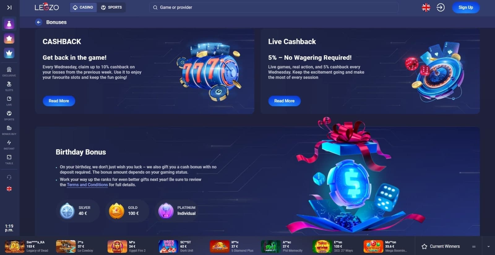 Legzo Casino's promotions page featuring the cashback, live cashback offers and birthday bonus promo with their respective blue banners