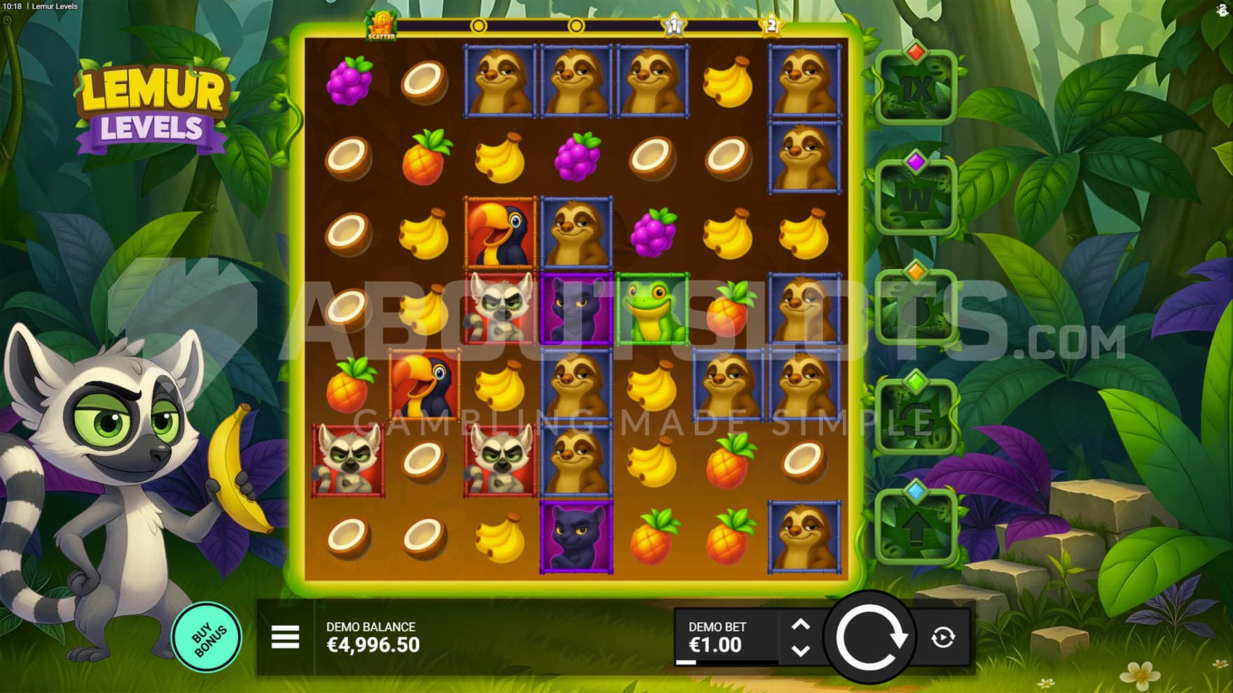 Base Game view of a 7x7 grid on a backdrop of a jungle, with a lemur standing on the left.