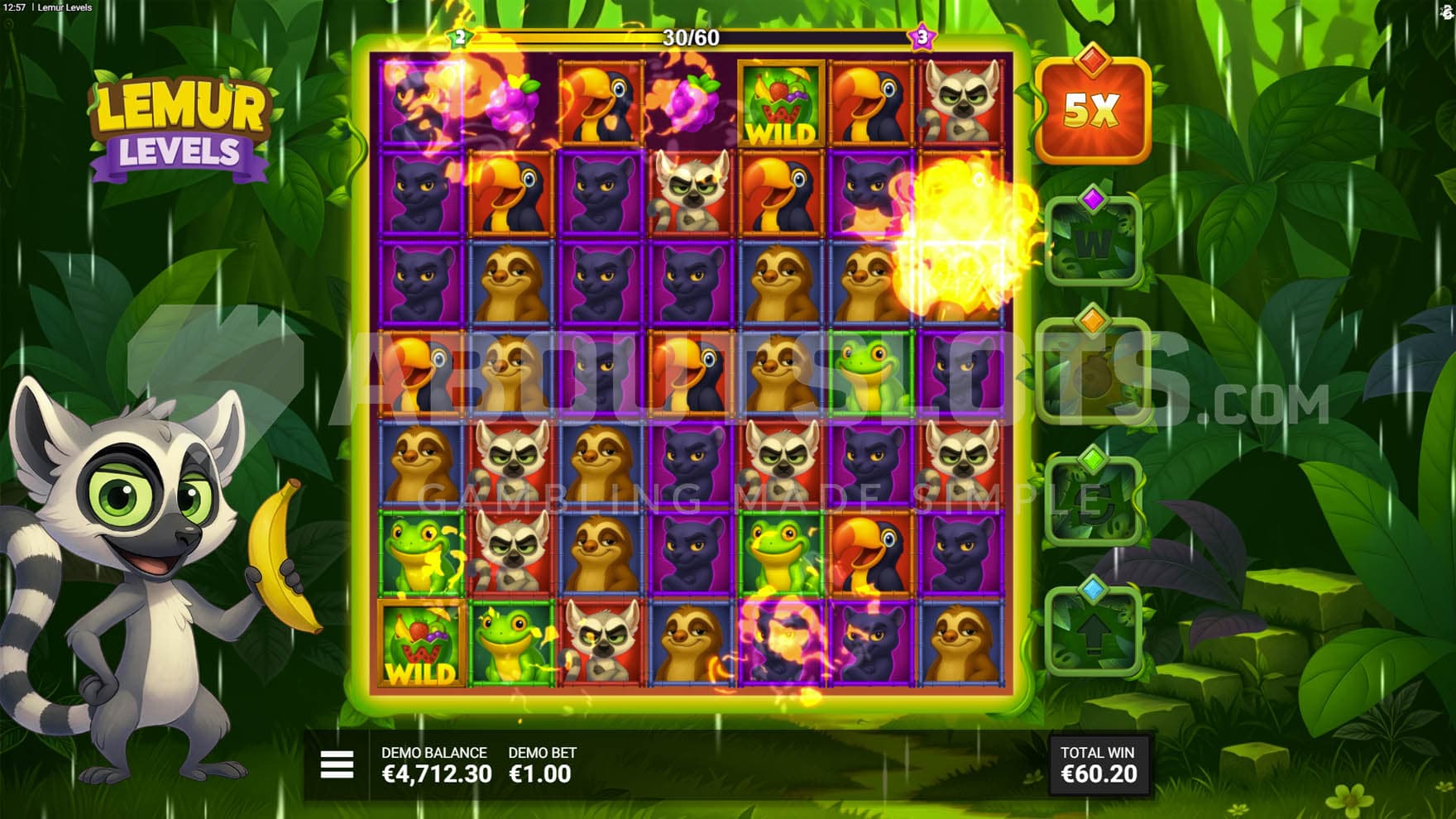 Jungle Journey Bonus in progress, showing one of the modifiers destroying symbols on the grid.