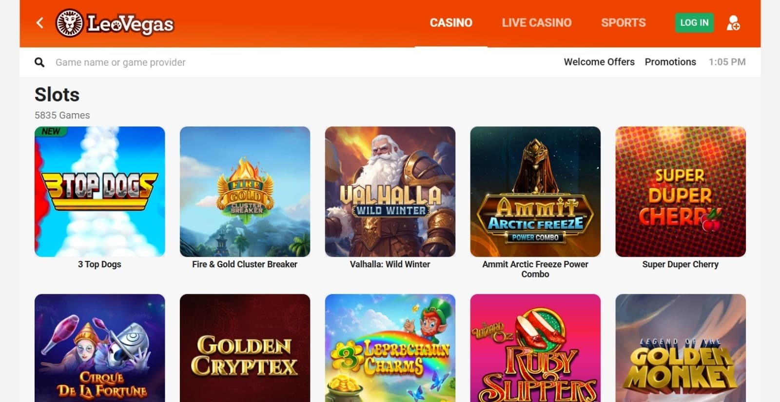 LeoVegas Casino games page featuring over 5000 slots under filtering search bar