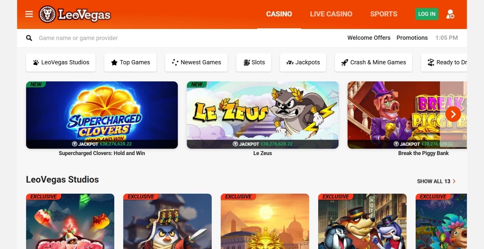 LeoVegas Casino's landing page featuring the latest jackpot prize pools, original slots under game category tabs and promotional tabs