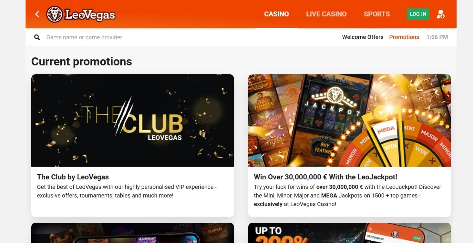 LeoVegas Casino promotions page with the VIP program banner, LeoJackpot banner and other promotion banners with navigation menus at the top