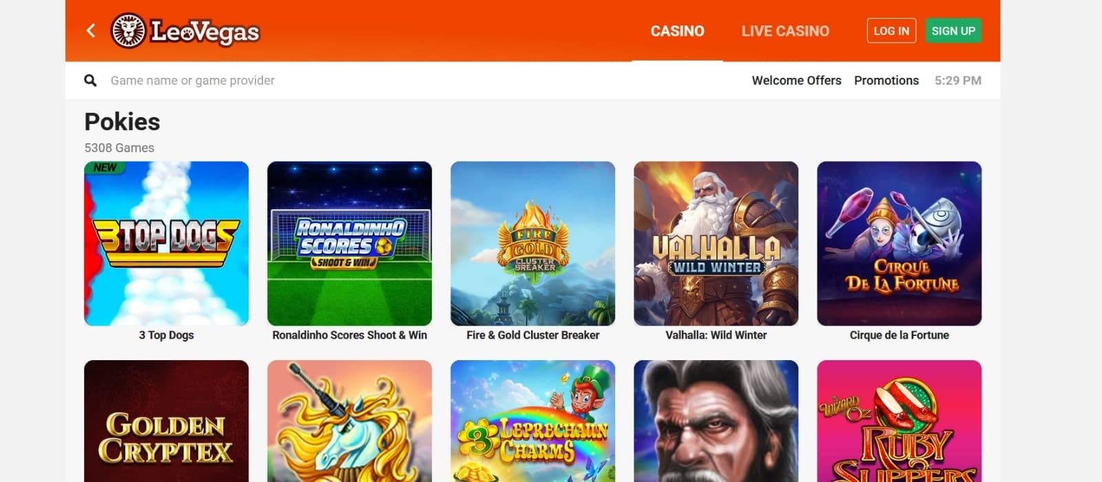 LeoVegas Casino NZ games page featuring pokies such as Valhala Wild Winters and Golden Cryptek