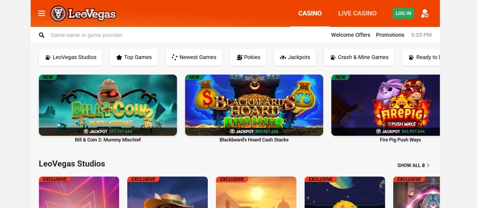 LeoVegas Casino NZ landing page featuring the games tabs and proprietary game releases