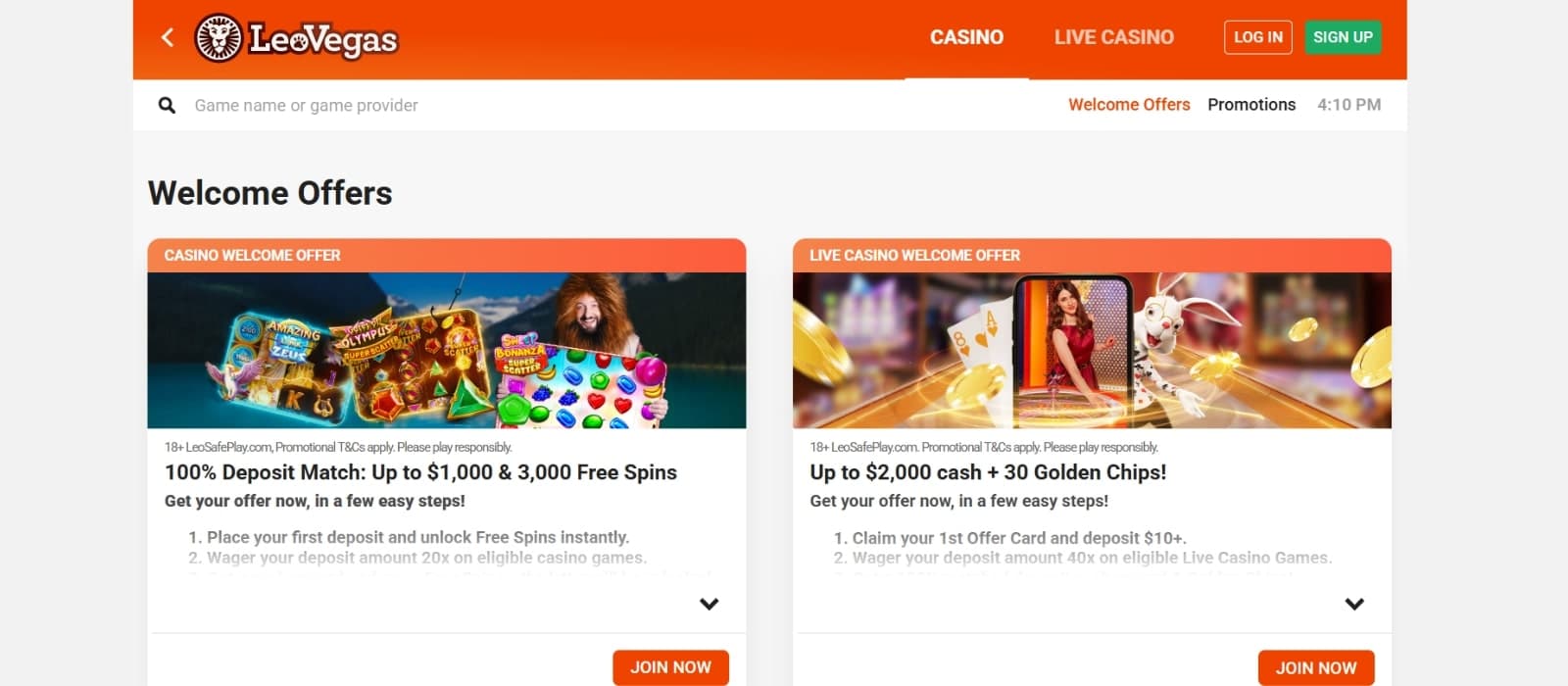 LeoVegas Casino NZ promotions page featuring the casino and live casino welcome offers