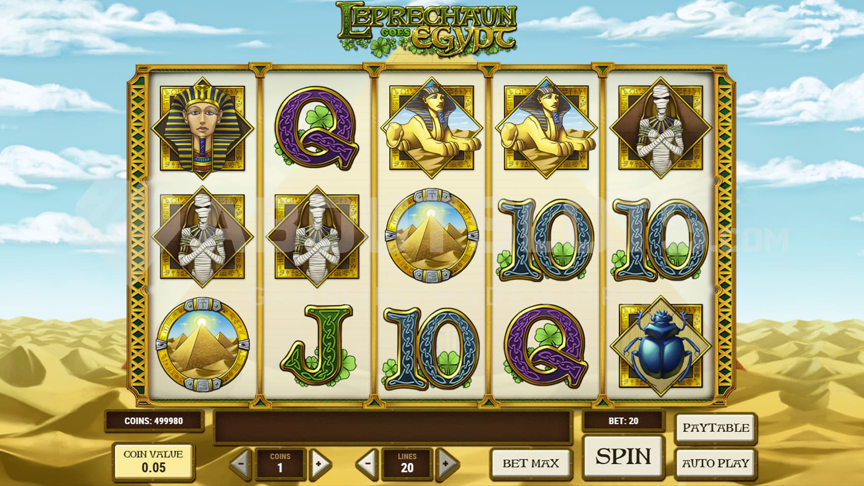 Base Game view of a 5x3 grid on a backdrop of Egyptian deserts.