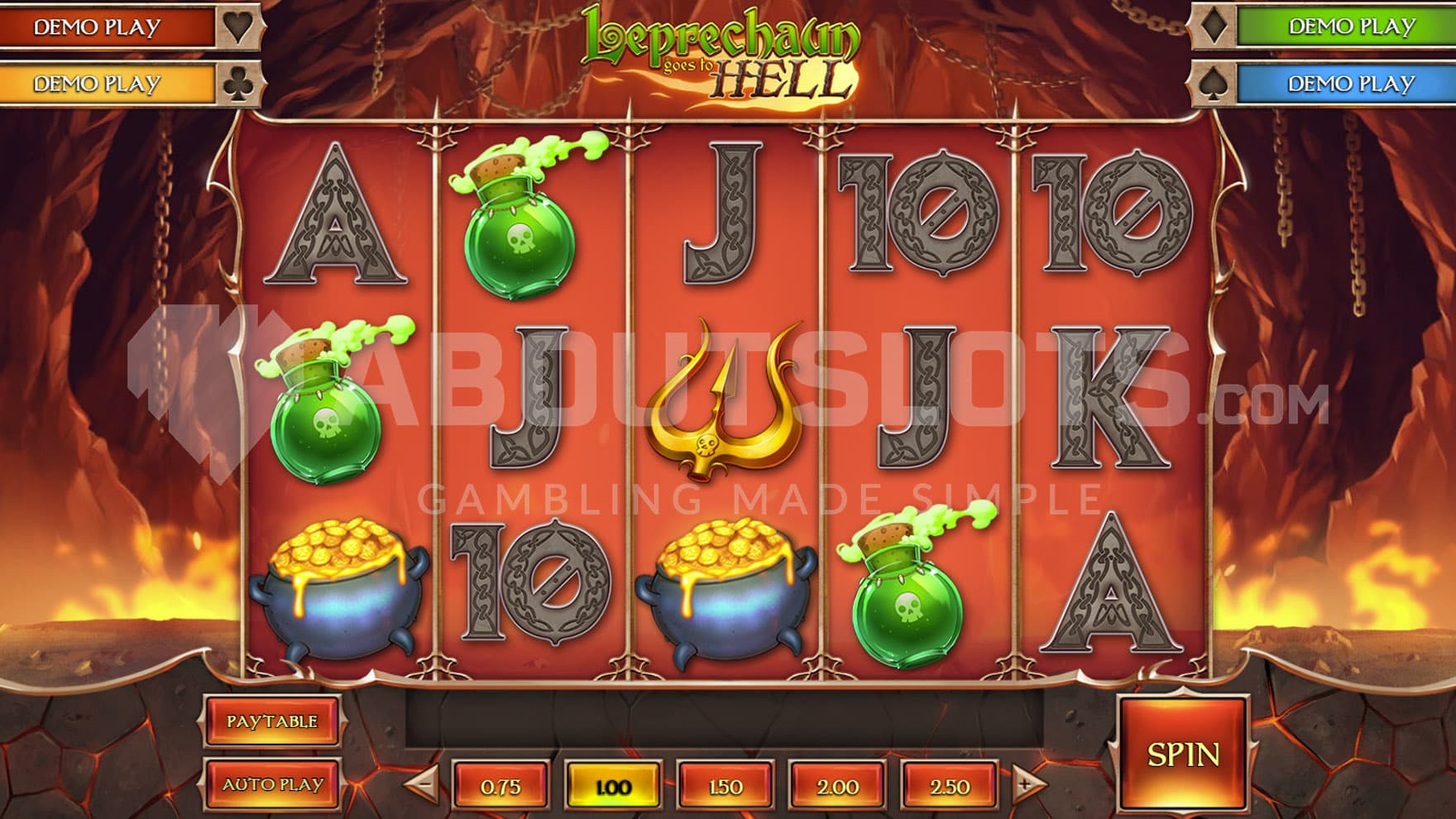 Base Game view of a 5x3 grid on a backdrop of hell covered with flames.