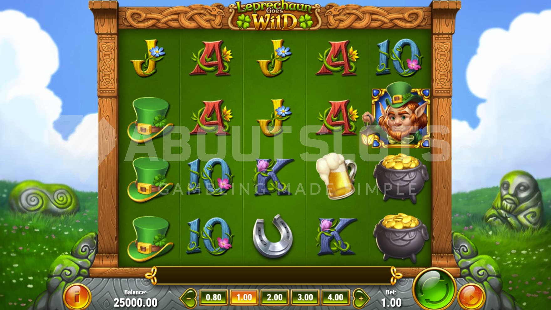 Base Game view of a 5x4 grid with Irish-themed symbols, on a backdrop of a green meadow.