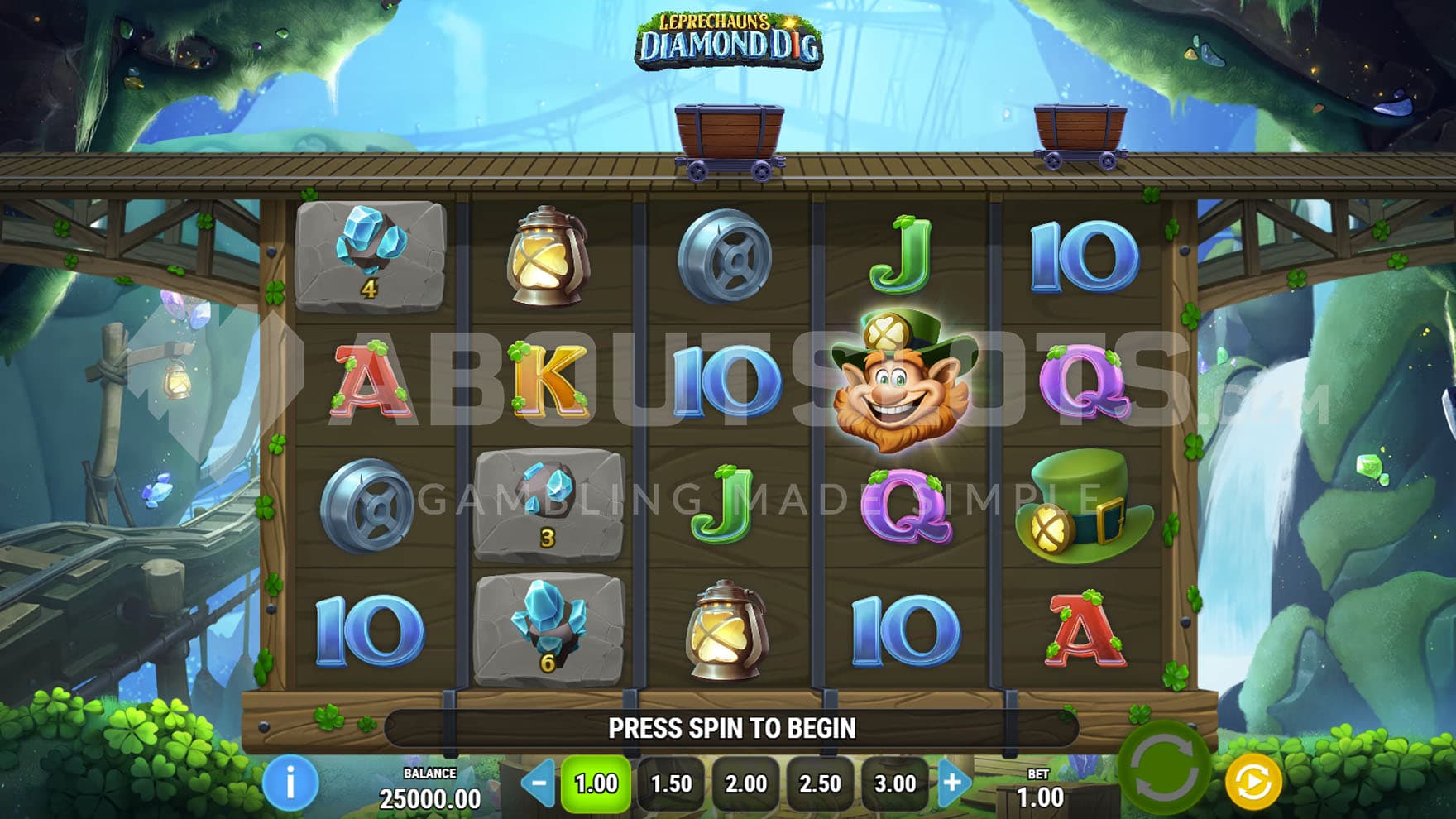 Base Game view of a 5x4 grid on a backdrop of a natural mine covered with four-leaf clovers.