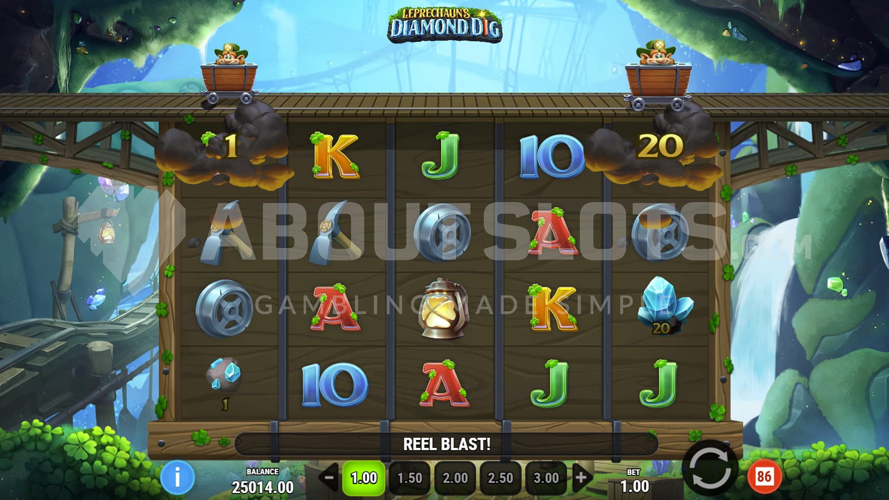Reel Blast feature triggered in the base game, awarding instant prizes from Diamond symbols on reels 1 and 5.