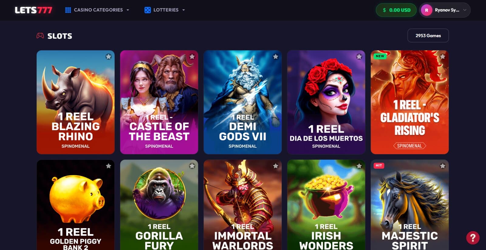 Lets777 Casino's games page featuring the slots icons under the main header tabs for Casino games and Lottery pools