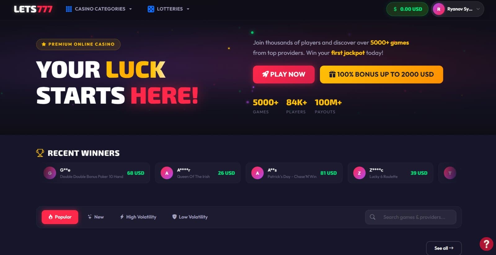Lets777 Casino's landing page featuring the welcome bonus 100% up to 2000 usd banner, latest wins slider, and casino lobby tabs
