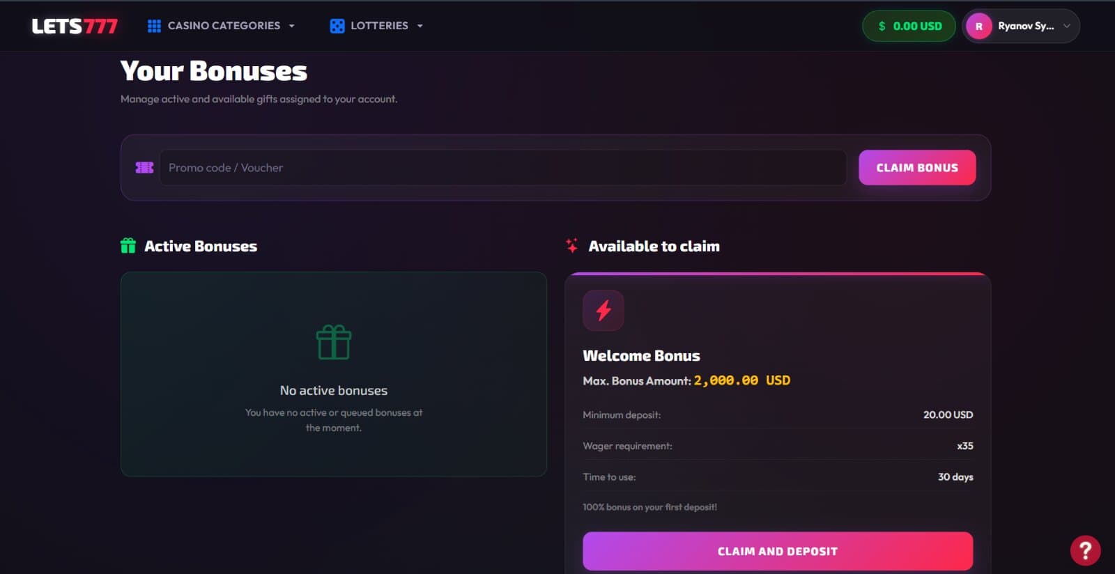 Lets777 Casino's bonus section featuring the welcome match bonus of 100% of up to 2000 USD and respective wagering terms
