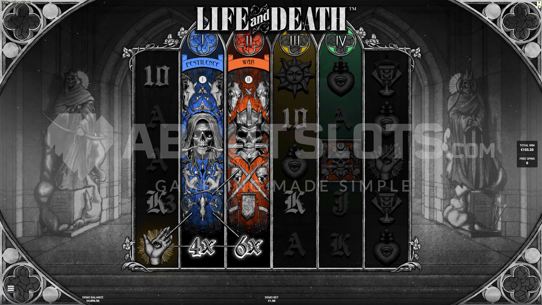 Devastation Bonus in progress, showing reel 2 and 3 filled with matching Expanded Wilds with multipliers.