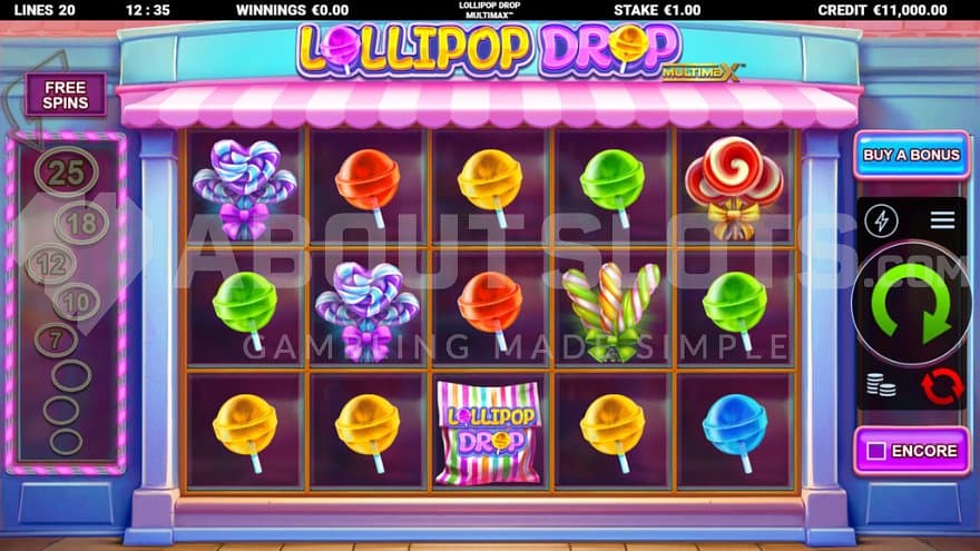 A casino slot in the window of a candy shop.
