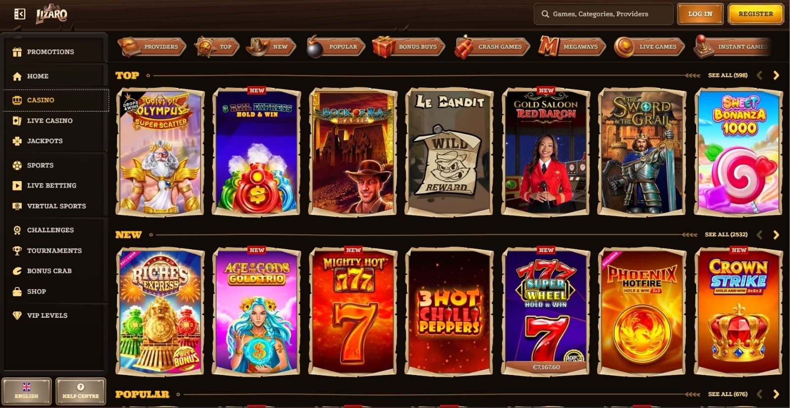 Lizaro Casino's game lobby with slots, table games, live games such as Gates of Olympus and Crown Strike