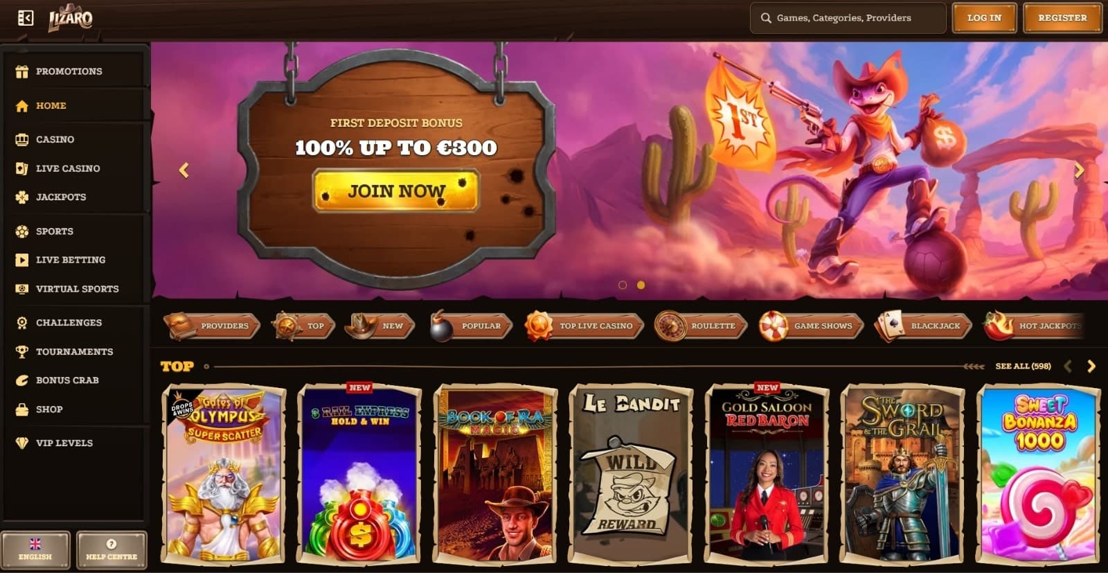 Lizaro Casino's landing page with the promotional banner of the first deposit bonus of 100% up to 300 euros with the lizard mascot in a wild west design
