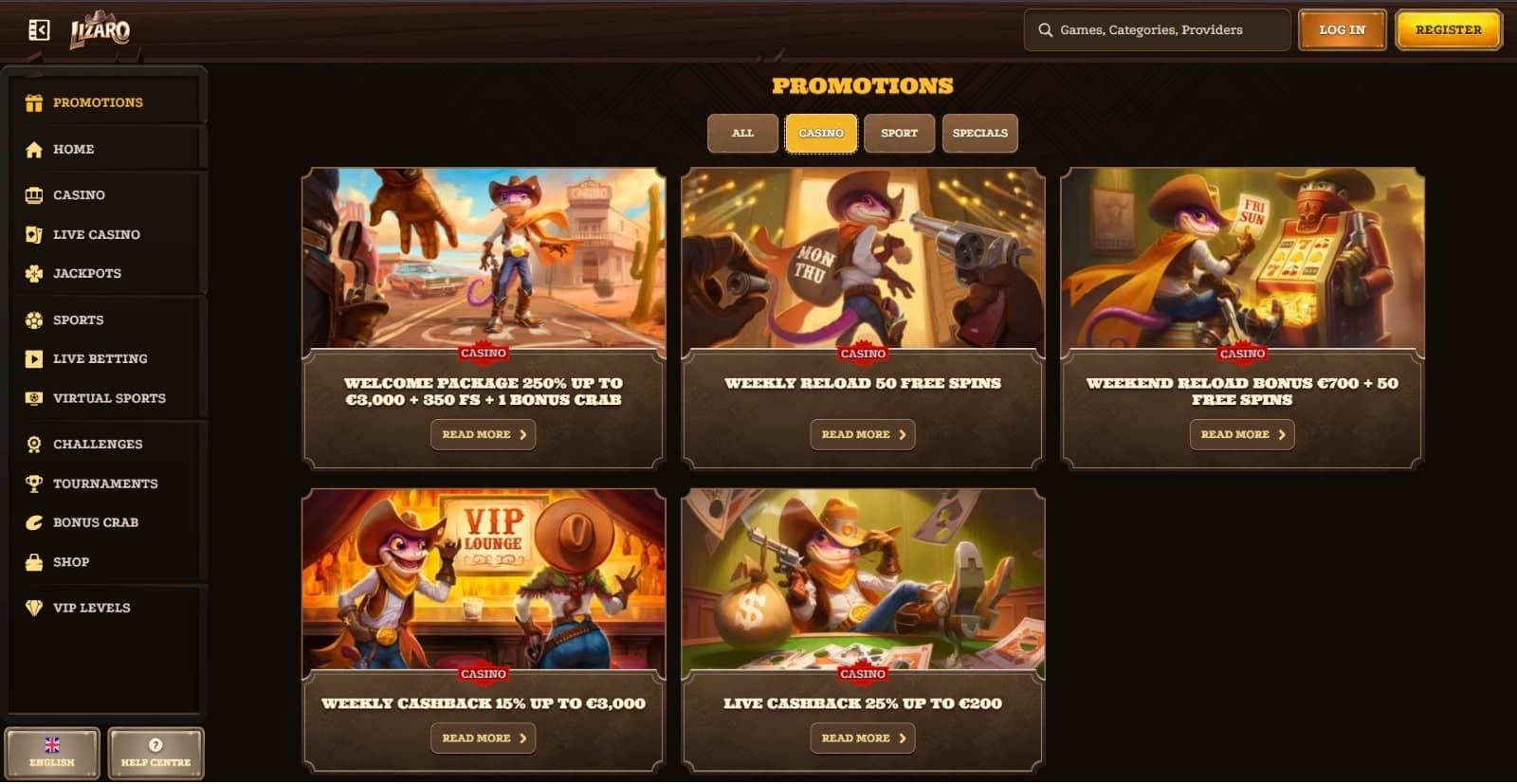 Lizaro Casino's promotions page featuring the casino bonuses, such as its welcome bonus, weekly reload, weekend reload bonus, live cashback and VIP cashback