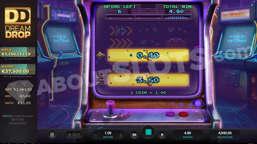 A win on the third and fifth rows in the Free Spins.