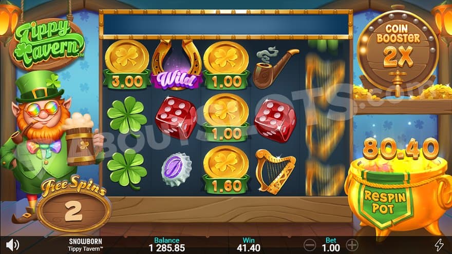 The second to last free spin is running while the leprechaun stands to the left, wearing sun glasses.