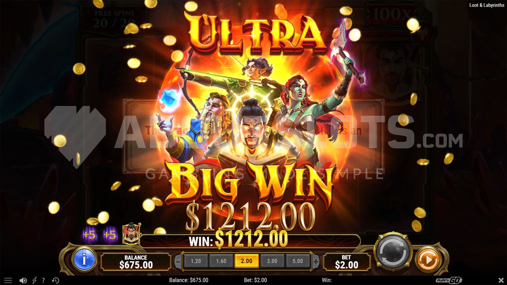 A big win celebration screen showing a team of adventurers.