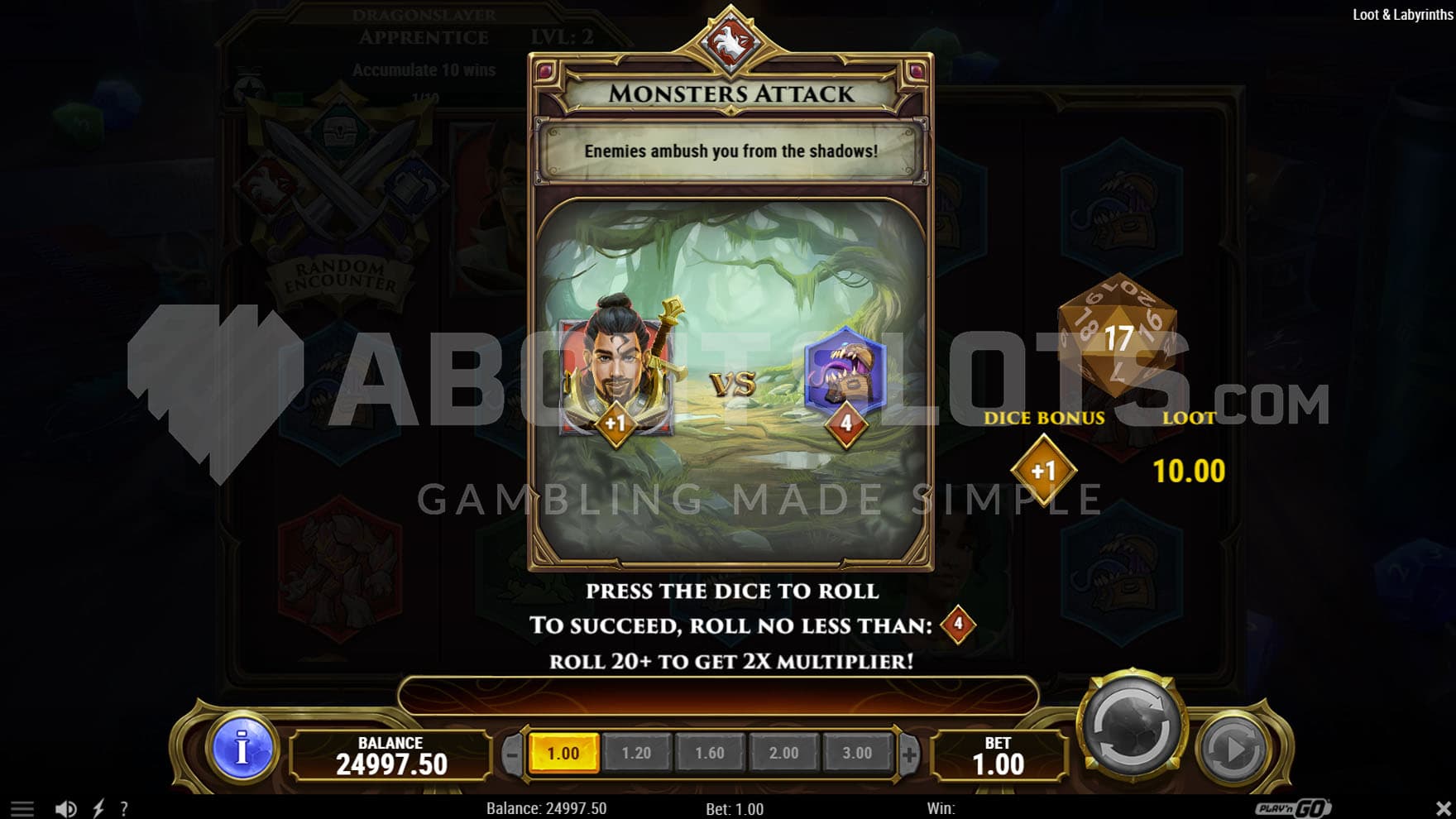 Random Encounter bonus in progress showing a card with a triggered event and a D20 dice on the right which determines the result.