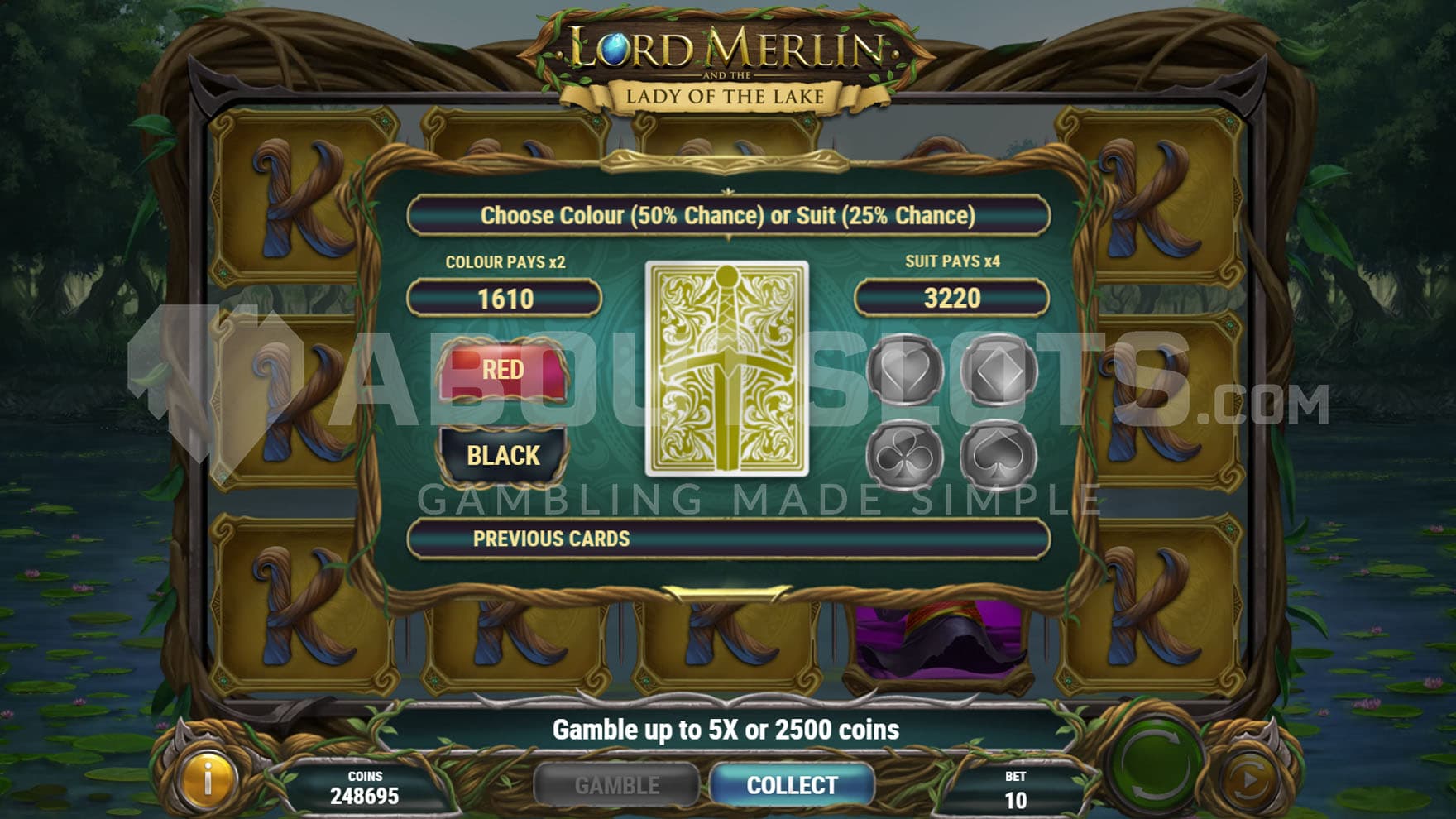 Gamble feature triggered, allowing to double or quadruple the win up to 5 times in a row.