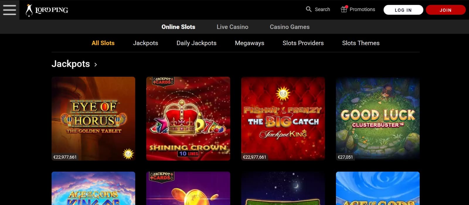Lord Ping Casino games page with jackpot slots under general slot categories