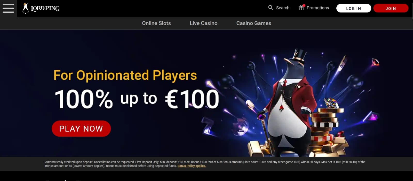 Lord Ping Casino Landing page with pinguin mascot banner of welcome bonus of 100%