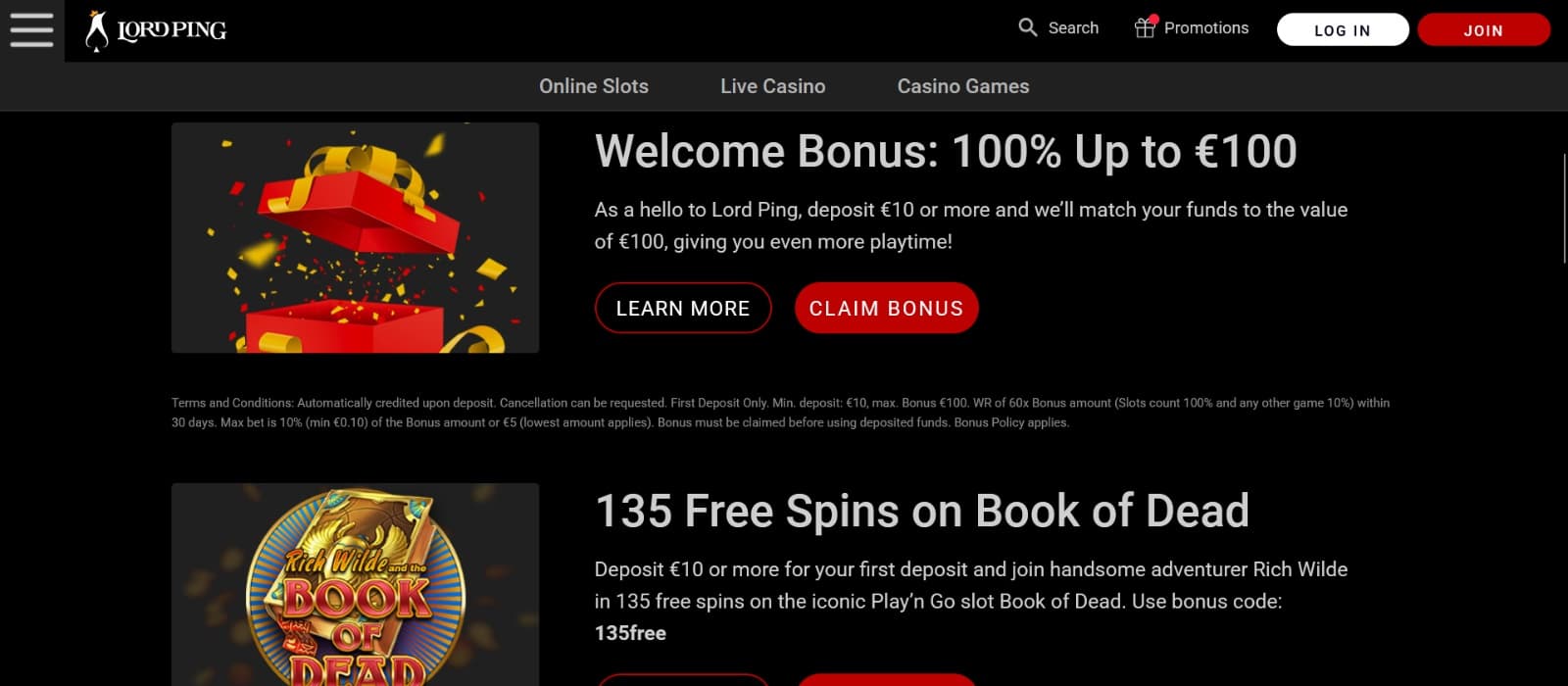 Lord Ping Casino promotion page with welcome bonus and free spins with gift box and golden book images