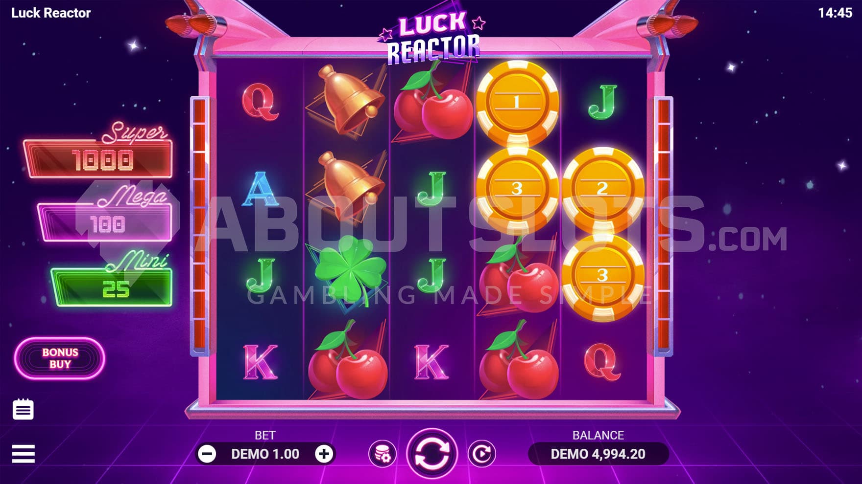 Base Game view of a 5x4 grid set against a space backdrop with dominating purple and pink colours.