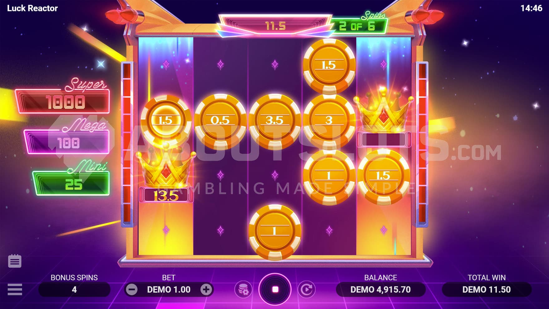 Crown Spins bonus in progress, showing multiple Coins on the grid being collected by Crown symbols on reels 1 and 5.