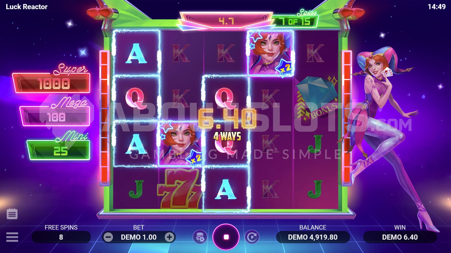 Free Spins bonus in progress, showing a win created with 2 Wild symbols with multipliers.