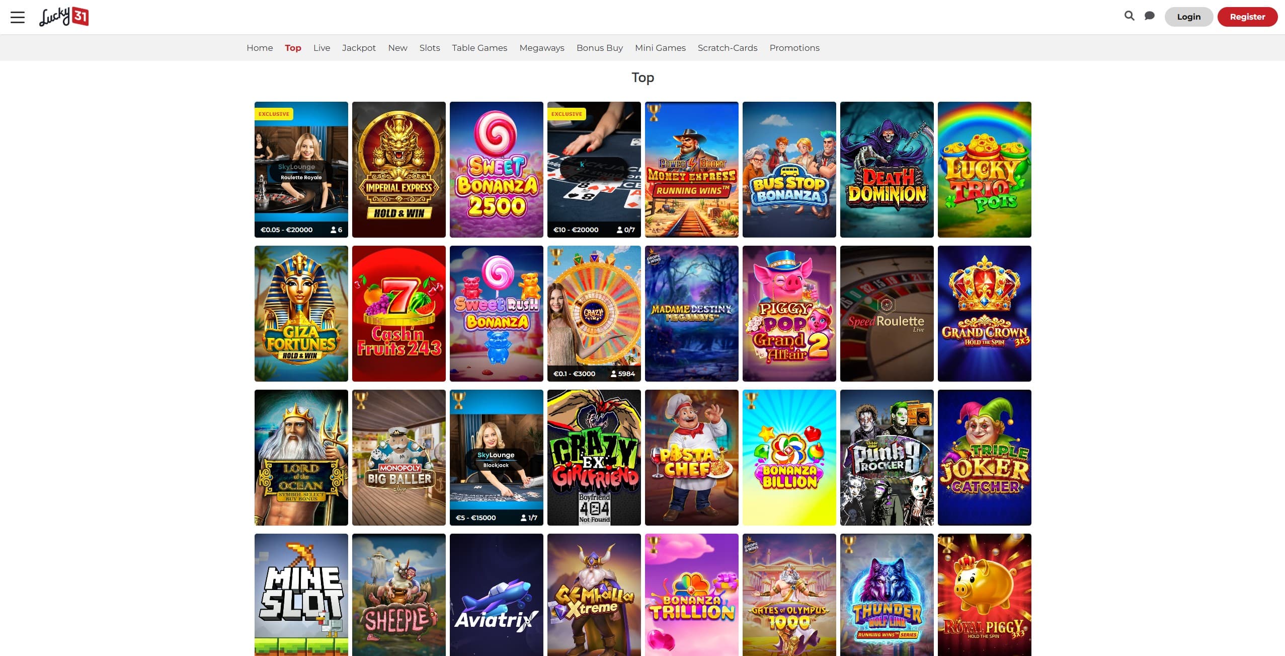 Lucky31 Games Page showing a selection of slot games
