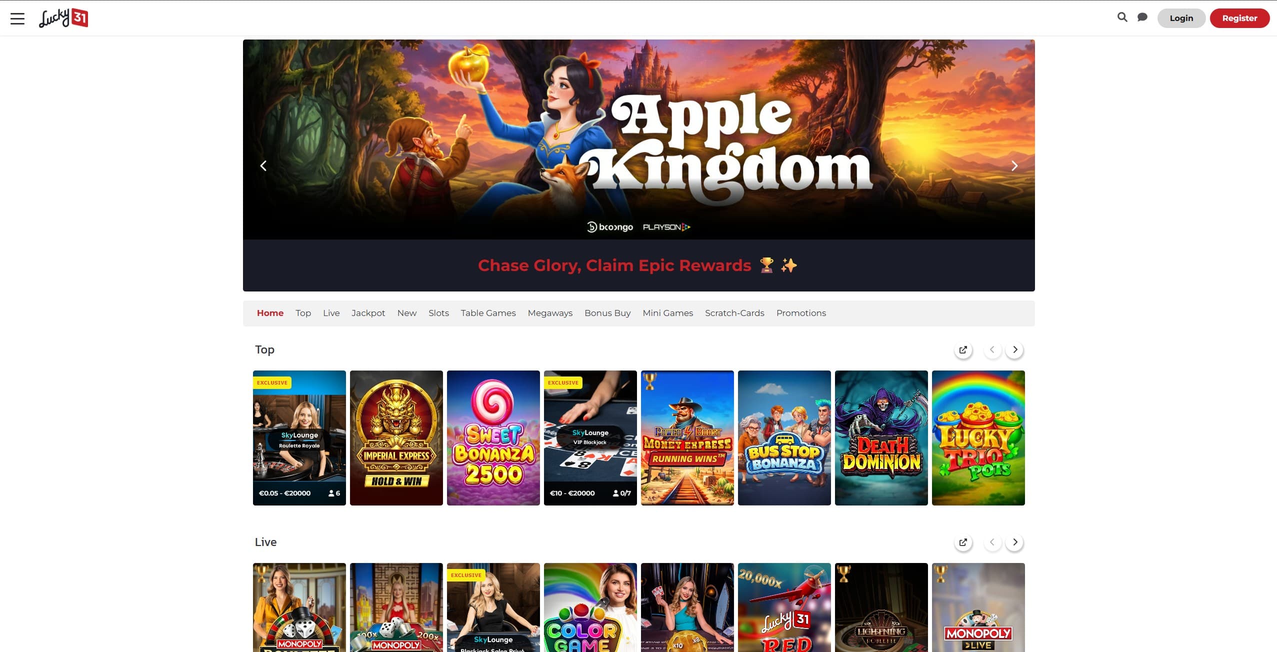 Lucky31 Landing Page showing a few selection games and different game categories